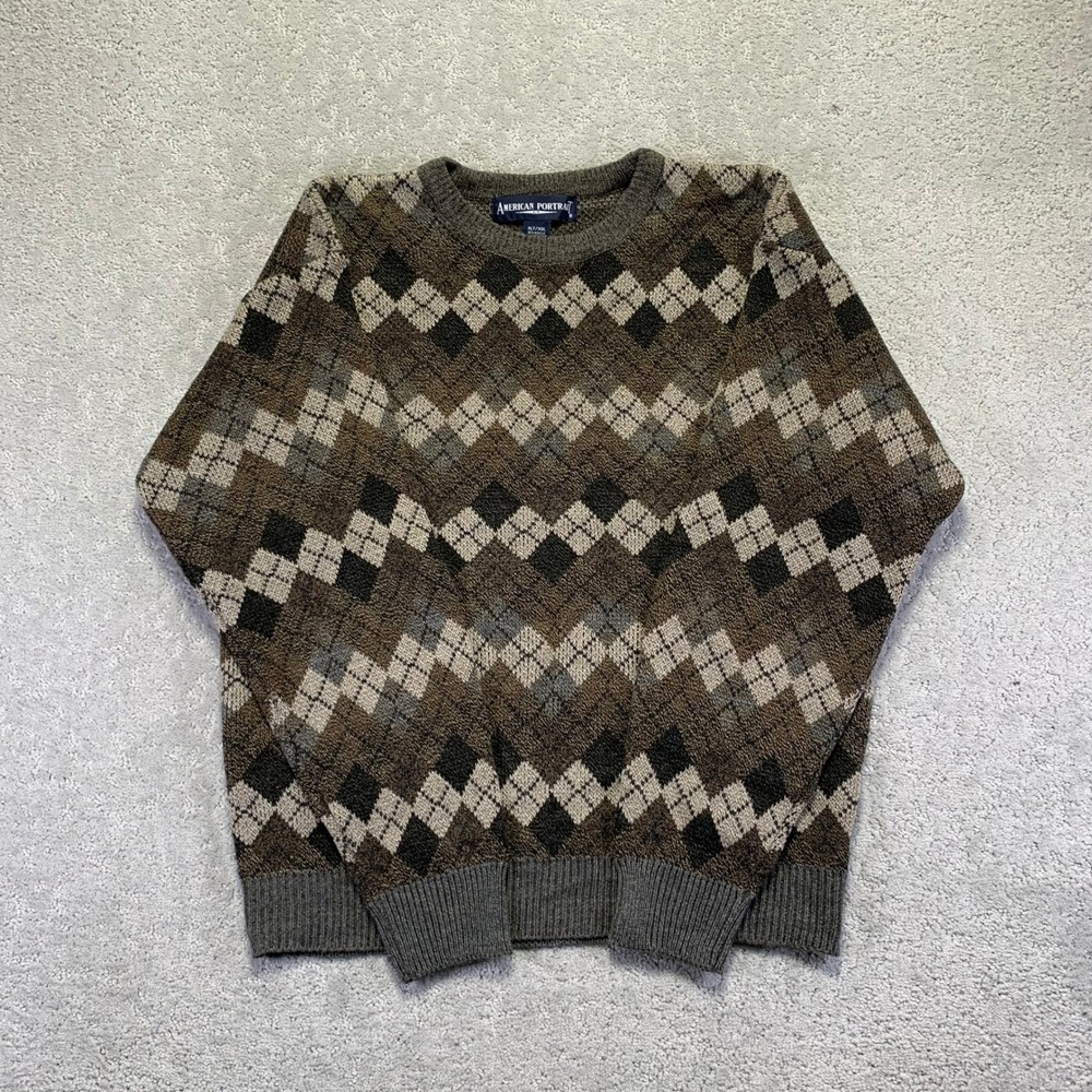 VINTAGE American Portrait Sweater Mens XLT Brown Geometric Crewneck Pullover
